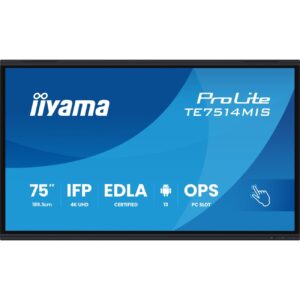 189,3cm/75" (3840x2160) iiyama ProLite TE7514MIS-B2AG 16:9 4K UHD VA Touch 8ms 60Hz 24/7 4xHDMI DP USB-C LAN WIFI Speaker Black