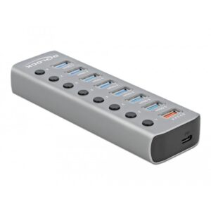 DELOCK USB 3.2 Gen 1 Hub mit 7 Ports + 1 Schnellladeport + 1 USB-C PD 3.0 Port mit Schalter und Beleuchtung
