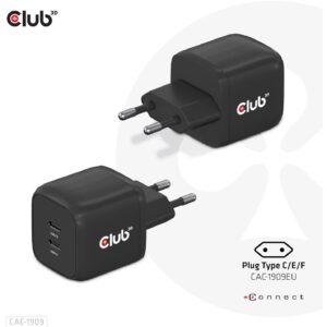 Club3D Ladegerät 2xUSB Typ C PD 45W. GaN retail