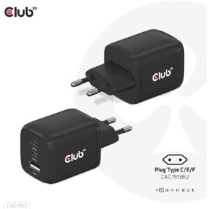 Club3D Ladegerät 2xUSB Typ C. 1xUSB Typ A. PD 65W. GaN retail