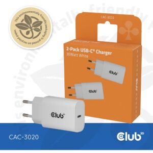 Club3D Lifestyle Ladegerät USB-C 30Watt. 2Stk weiß retail